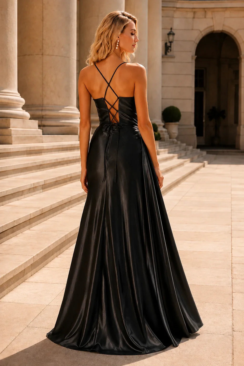 Jorlina Light Spaghetti-Strap Open-Back Gown with Slit Prom Dress