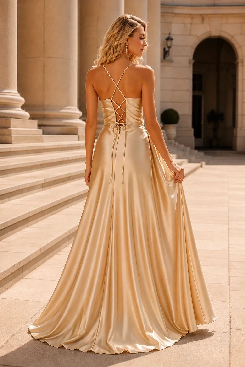 Jorlina Light Spaghetti-Strap Open-Back Gown with Slit Prom Dress