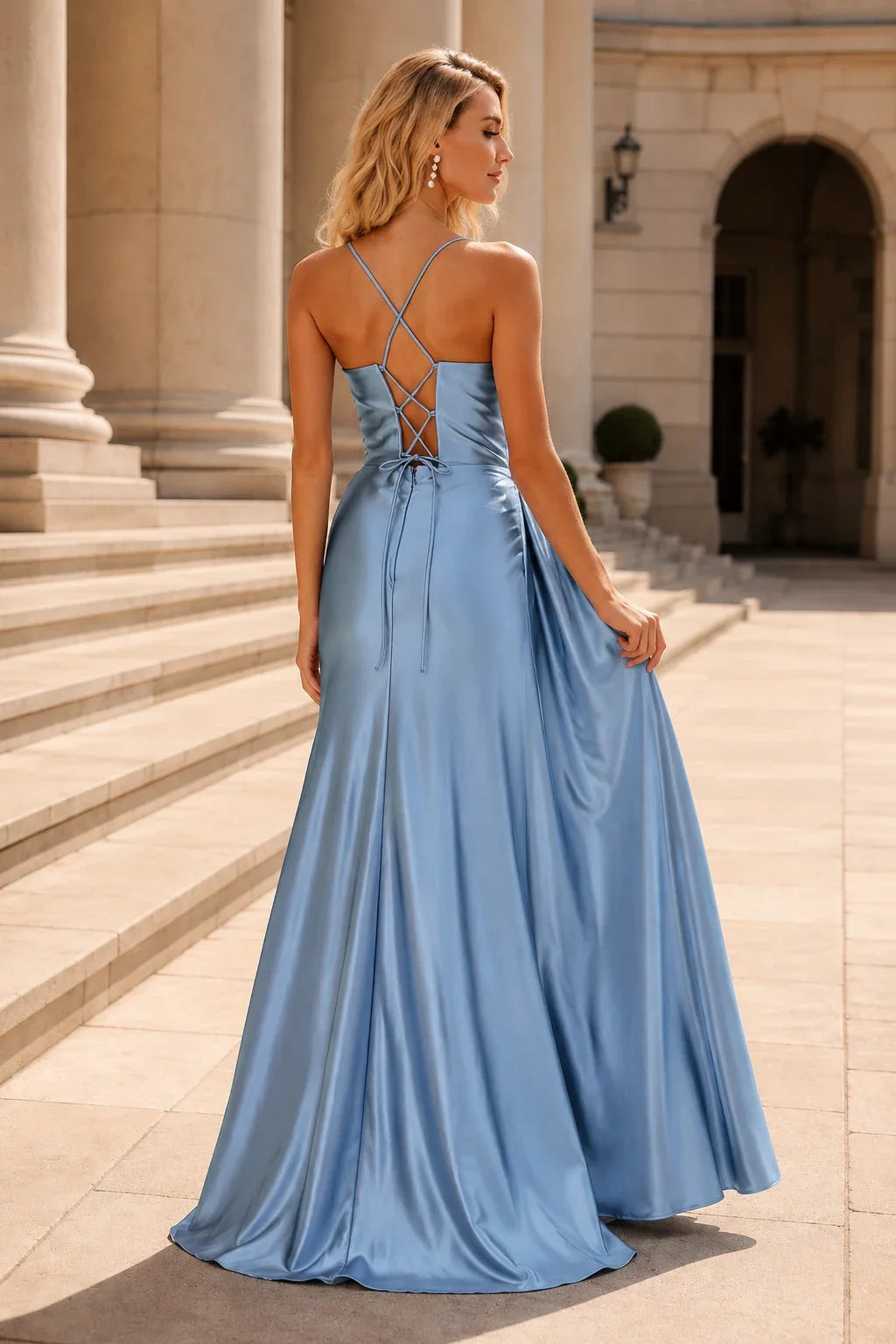 Jorlina Light Spaghetti-Strap Open-Back Gown with Slit Prom Dress