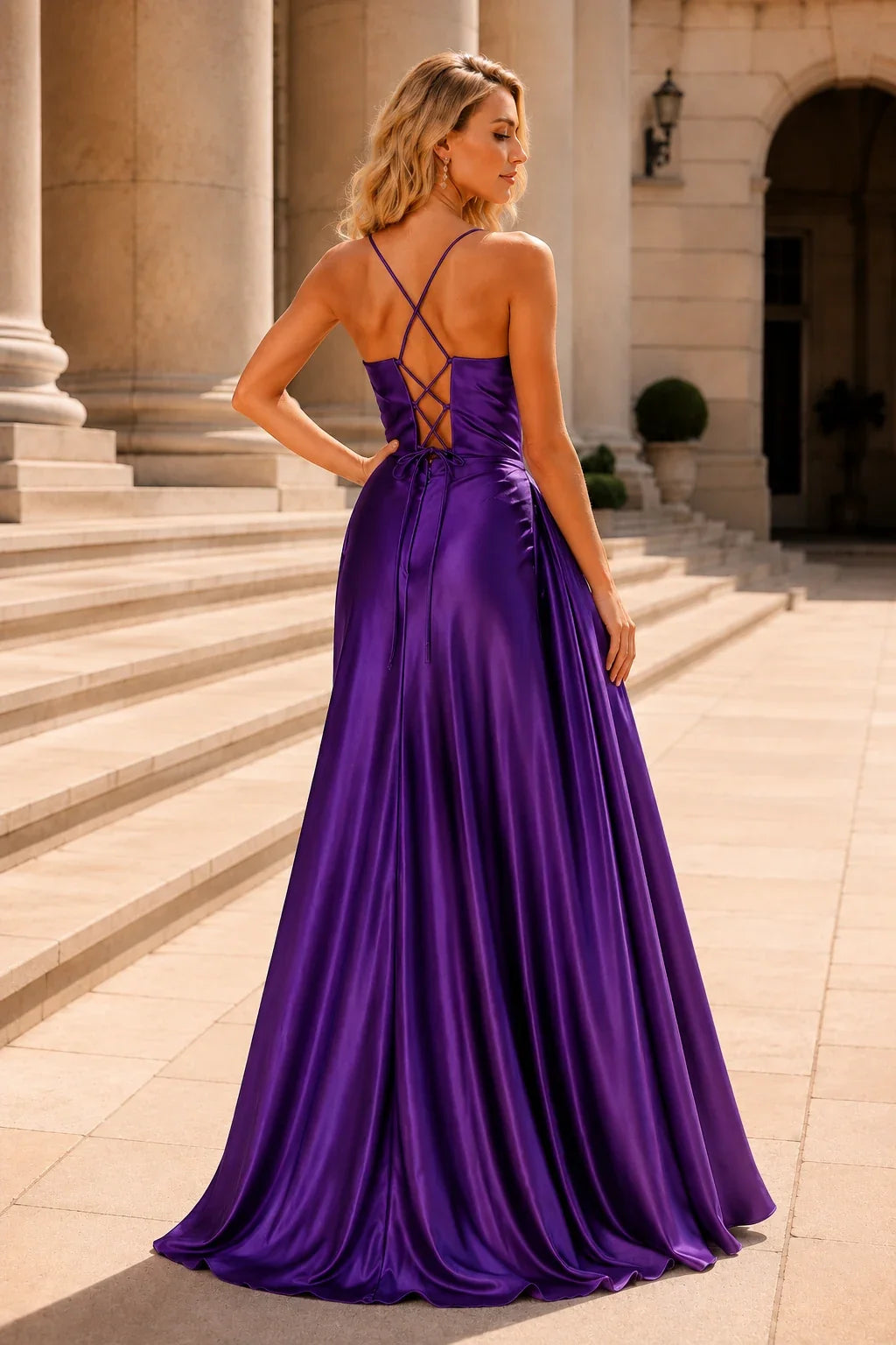 Jorlina Light Spaghetti-Strap Open-Back Gown with Slit Prom Dress