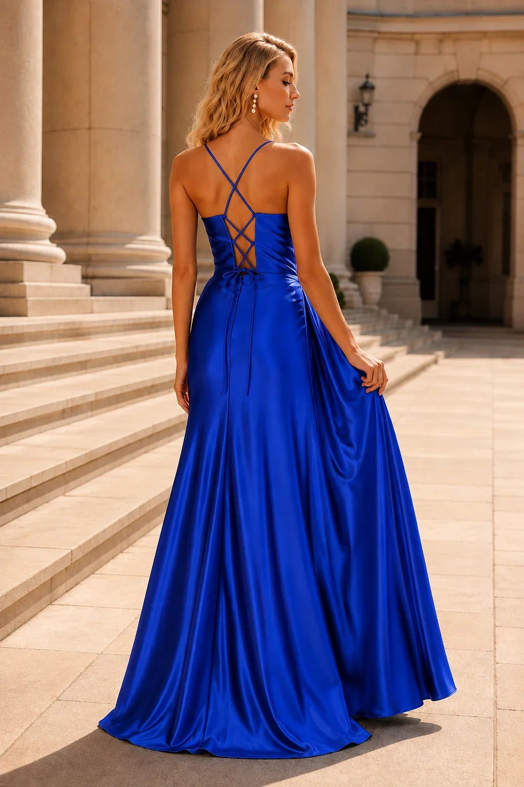 Jorlina Light Spaghetti-Strap Open-Back Gown with Slit Prom Dress