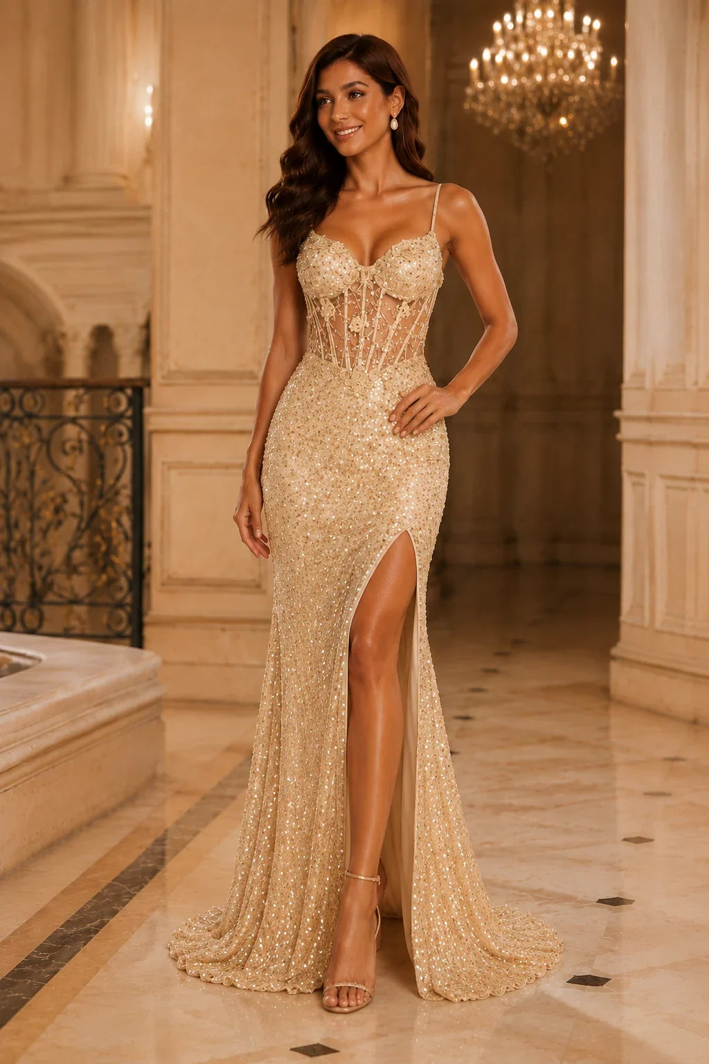 Isasette Spaghetti-Strap Embellished Gown with Slit Prom Dress