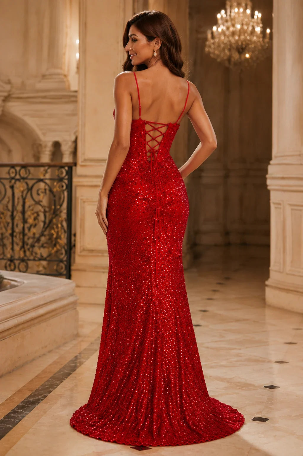 Isasette Spaghetti-Strap Embellished Gown with Slit Prom Dress