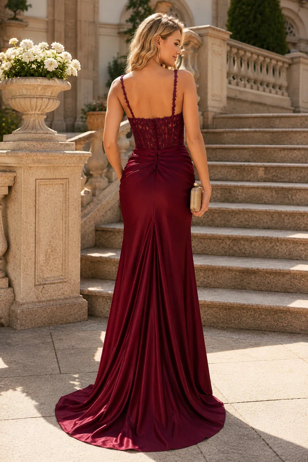 Isarienne Spaghetti-Strap Fitted Gown with Slit Prom Dress