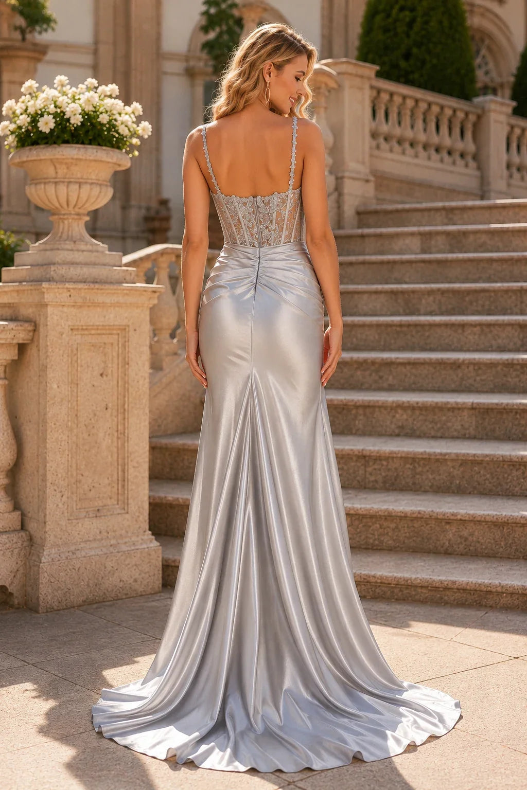Isarienne Spaghetti-Strap Fitted Gown with Slit Prom Dress