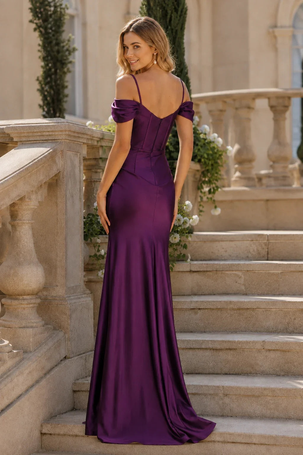 Isalena Light Off-the-Shoulder Fitted Gown with Slit Prom Dress