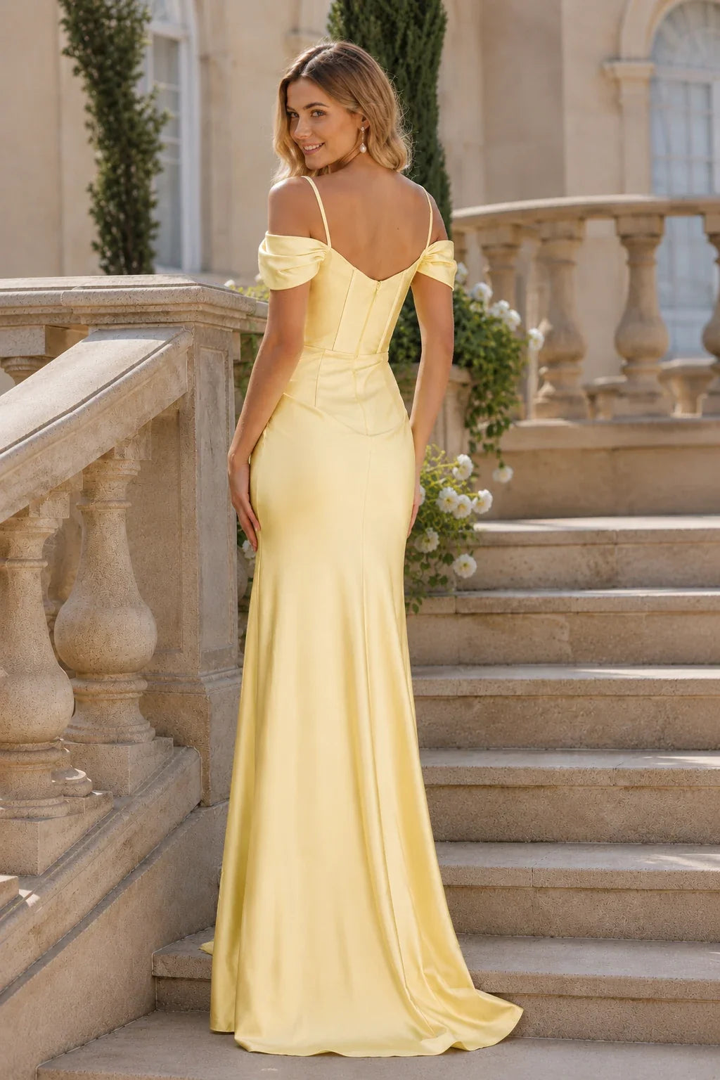 Isalena Light Off-the-Shoulder Fitted Gown with Slit Prom Dress