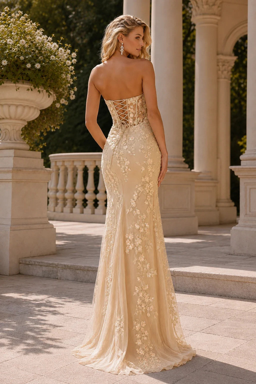 Isavina Light Strapless Floral-Applique Gown with Slit Prom Dress