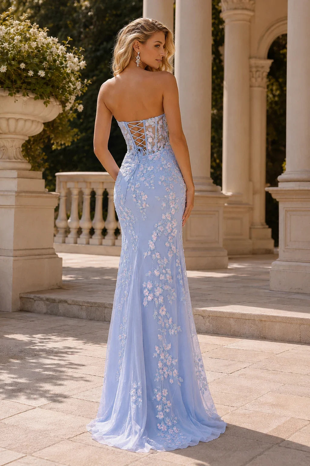 Isavina Light Strapless Floral-Applique Gown with Slit Prom Dress
