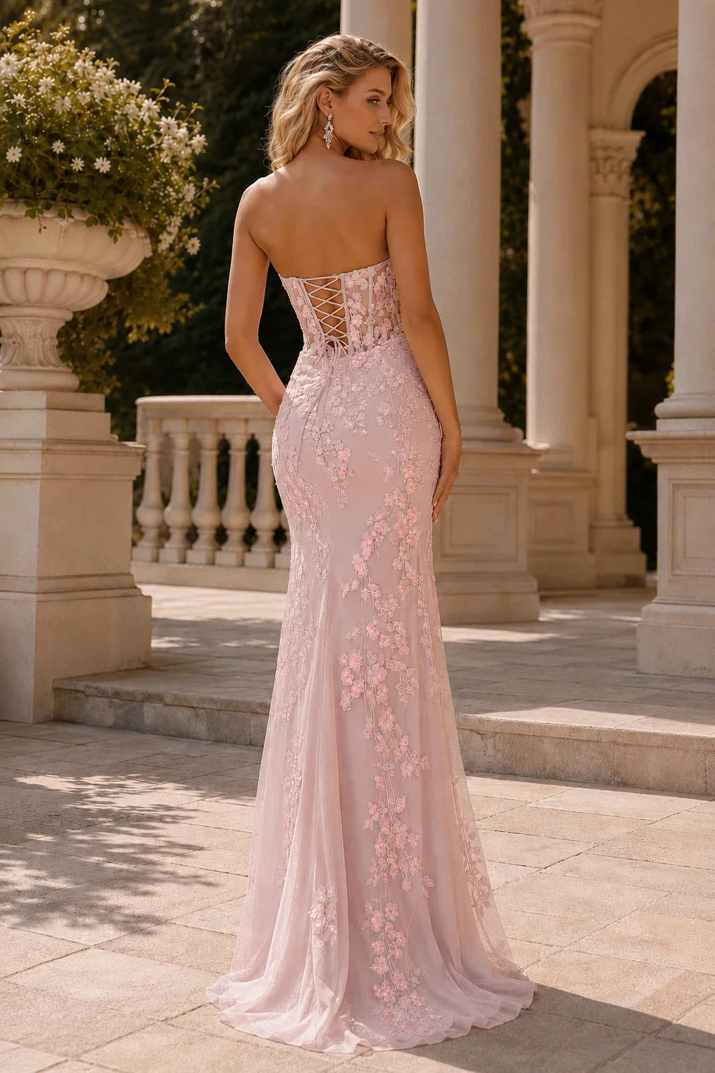 Isavina Light Strapless Floral-Applique Gown with Slit Prom Dress