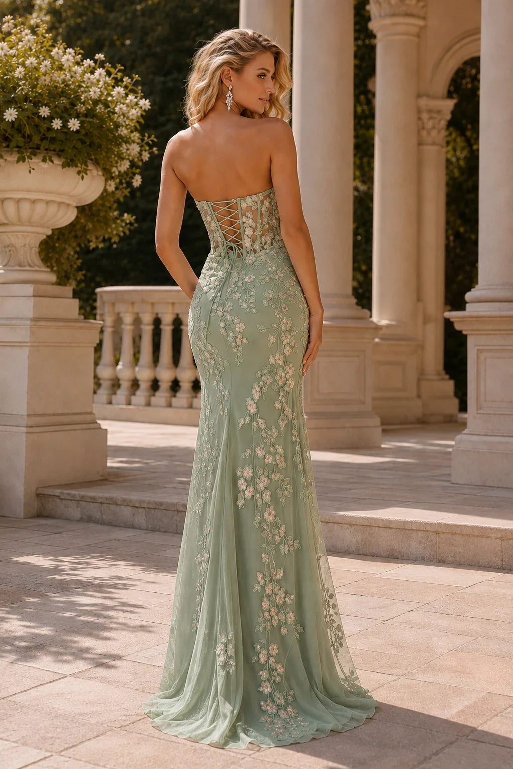 Isavina Light Strapless Floral-Applique Gown with Slit Prom Dress