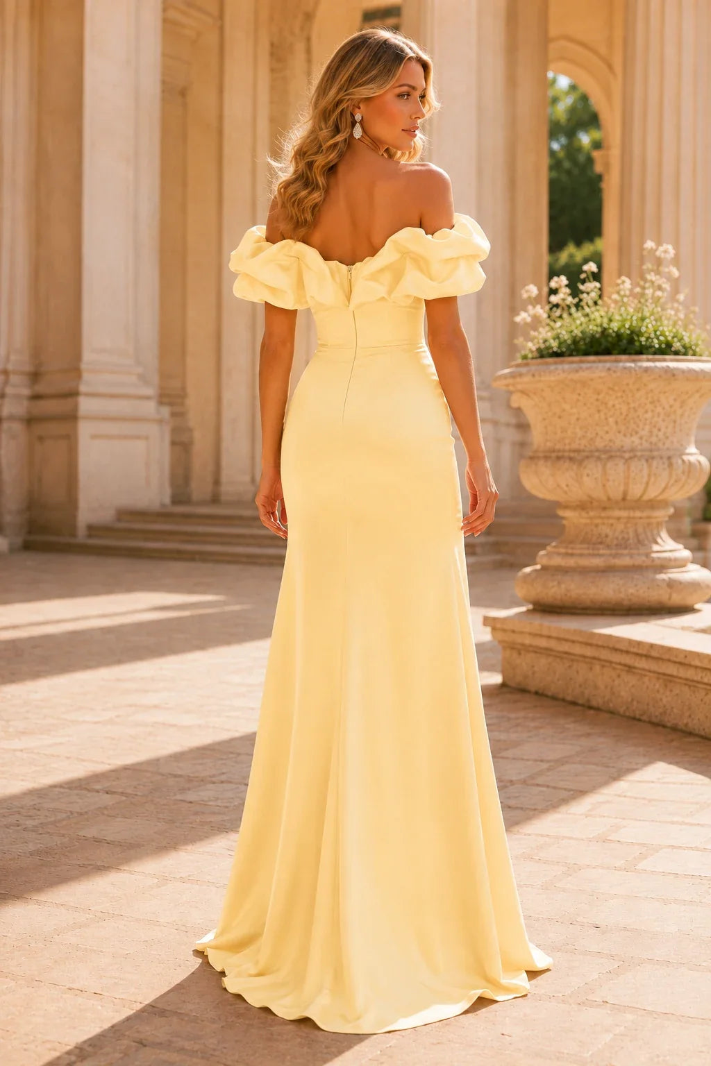 Isavara Off-the-Shoulder Ruffle Gown with Slit Prom Dress