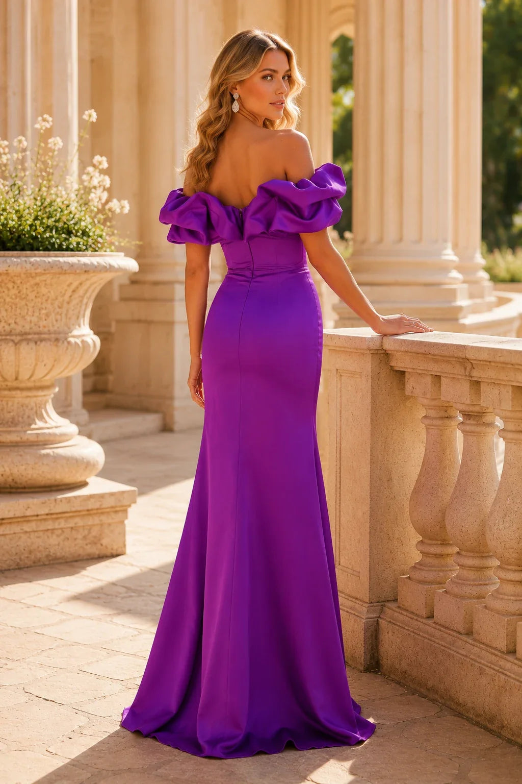 Isavara Off-the-Shoulder Ruffle Gown with Slit Prom Dress