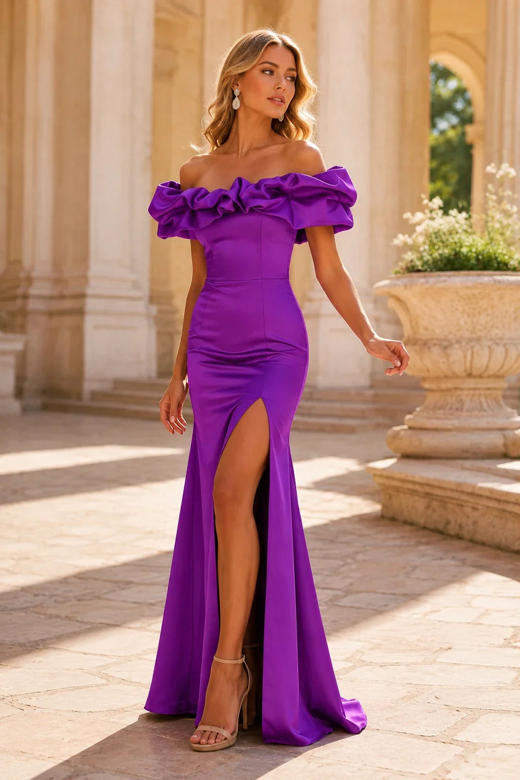 Isavara Off-the-Shoulder Ruffle Gown with Slit Prom Dress