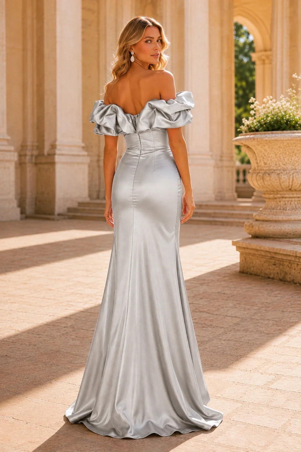 Isavara Off-the-Shoulder Ruffle Gown with Slit Prom Dress