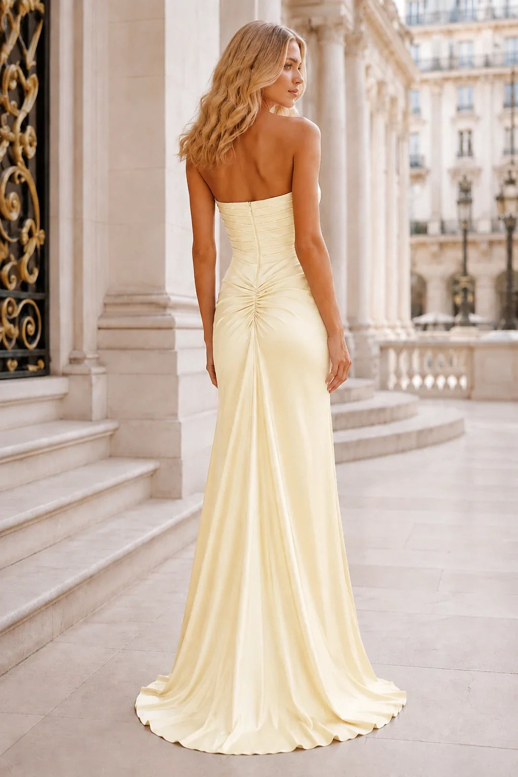 Isalisse Powder Strapless Cutout Gown with Slit Prom Dress