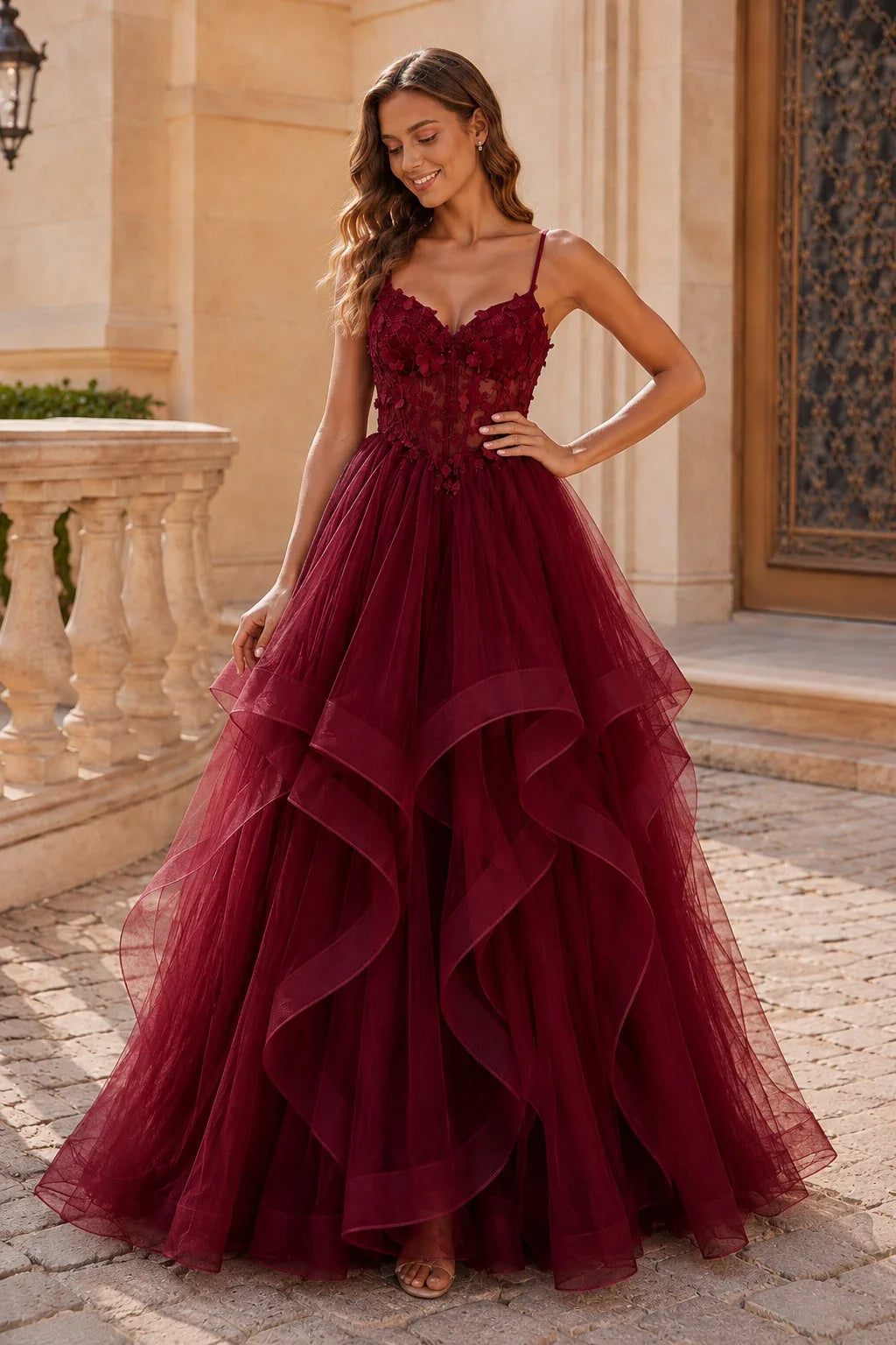 Isavella Light Embellished-Bodice Tiered Tulle Ball Gown Prom Dress