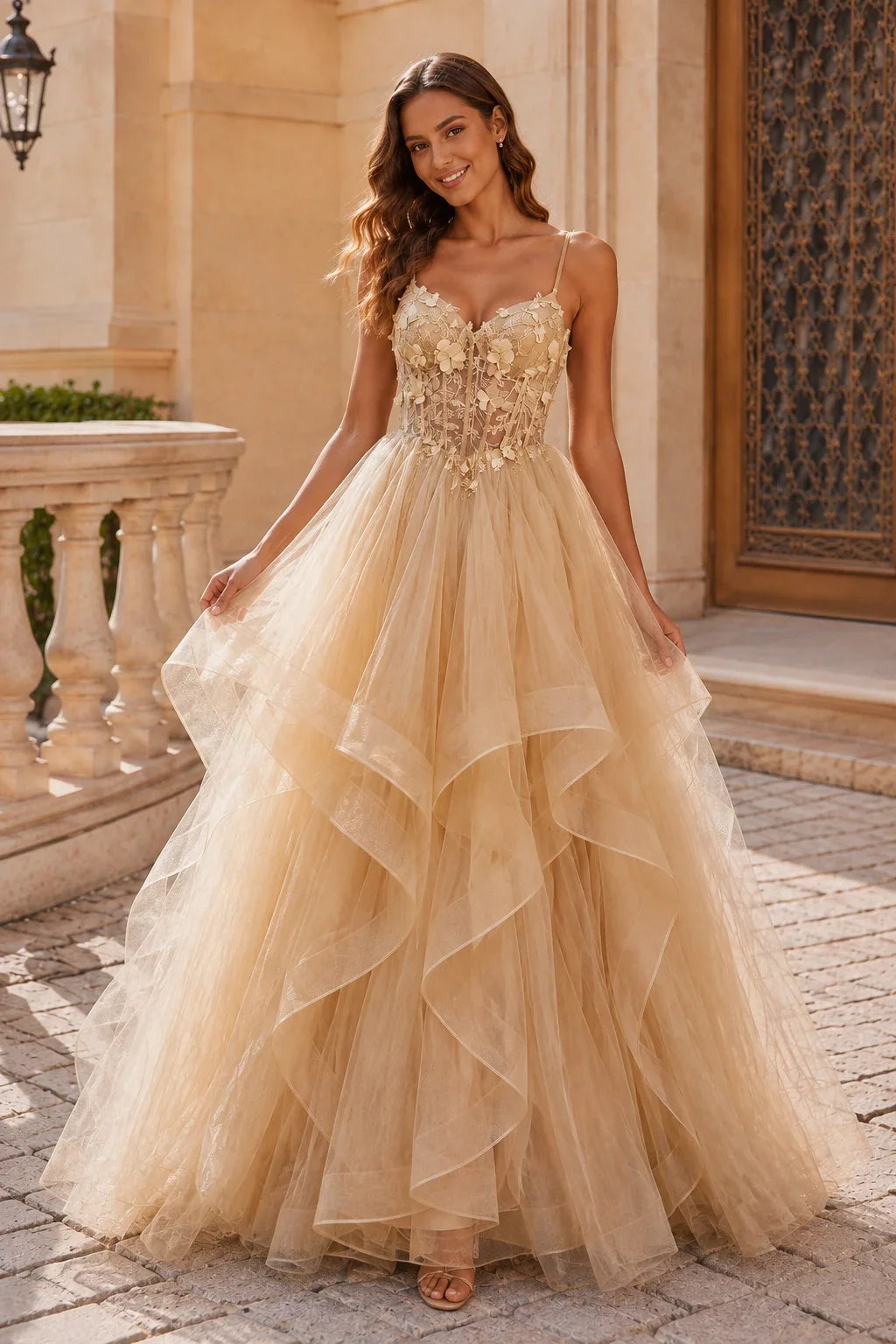 Isavella Light Embellished-Bodice Tiered Tulle Ball Gown Prom Dress