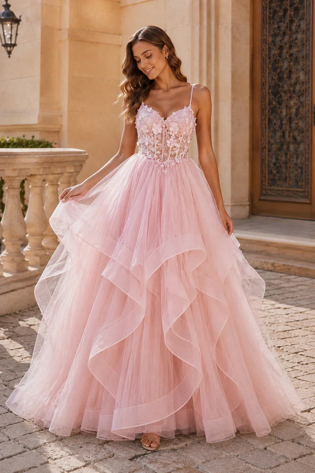 Isavella Light Embellished-Bodice Tiered Tulle Ball Gown Prom Dress