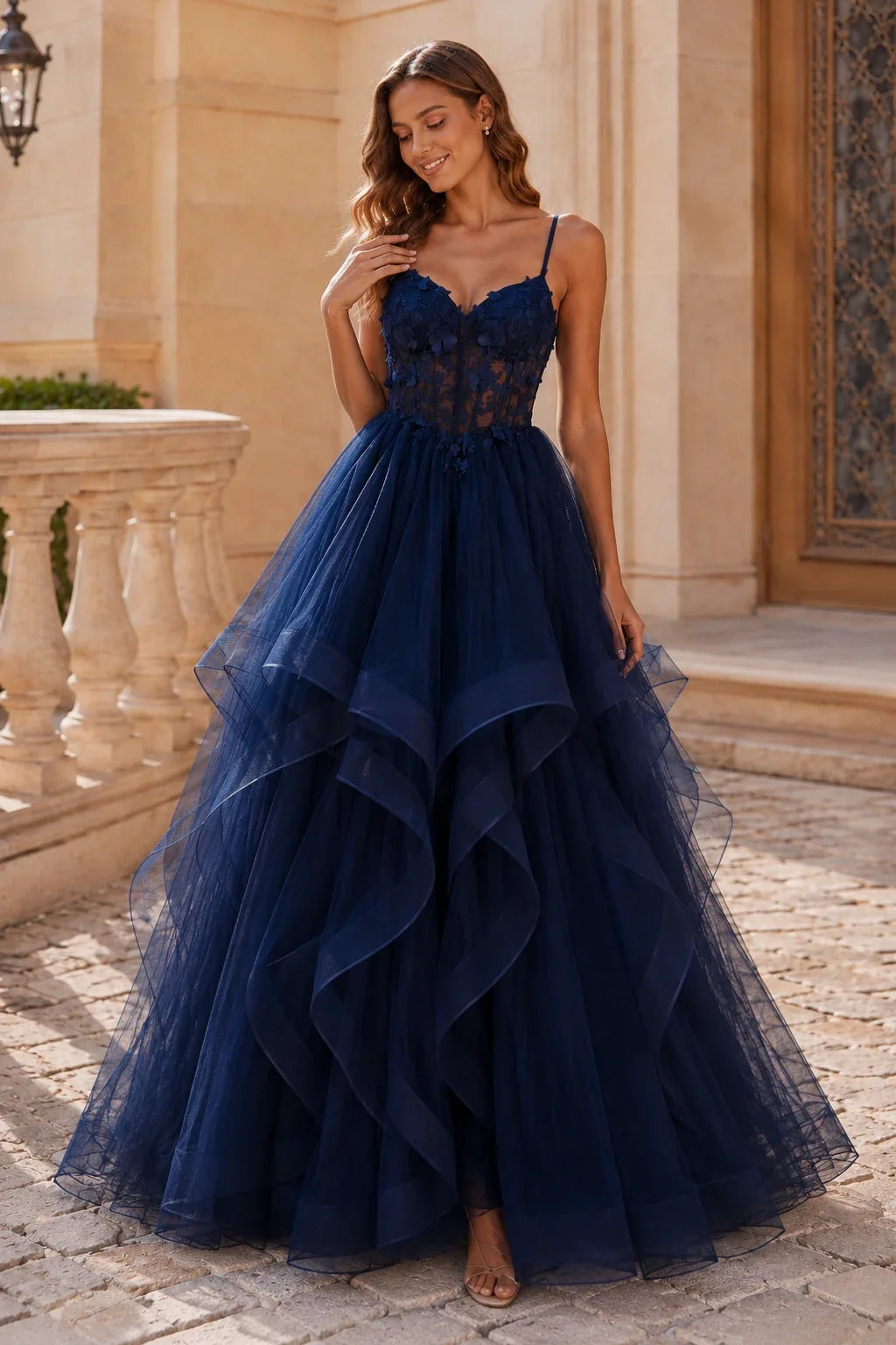Isavella Light Embellished-Bodice Tiered Tulle Ball Gown Prom Dress