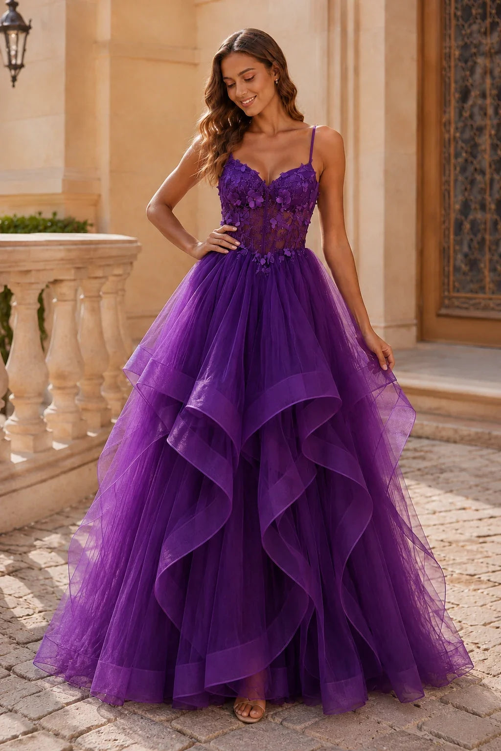 Isavella Light Embellished-Bodice Tiered Tulle Ball Gown Prom Dress