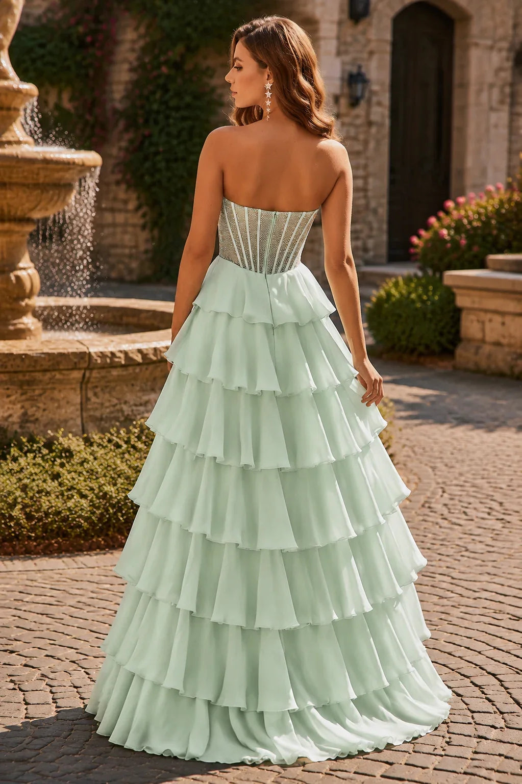 Isanette Mint Corset Tiered Ruffle Gown Prom Dress