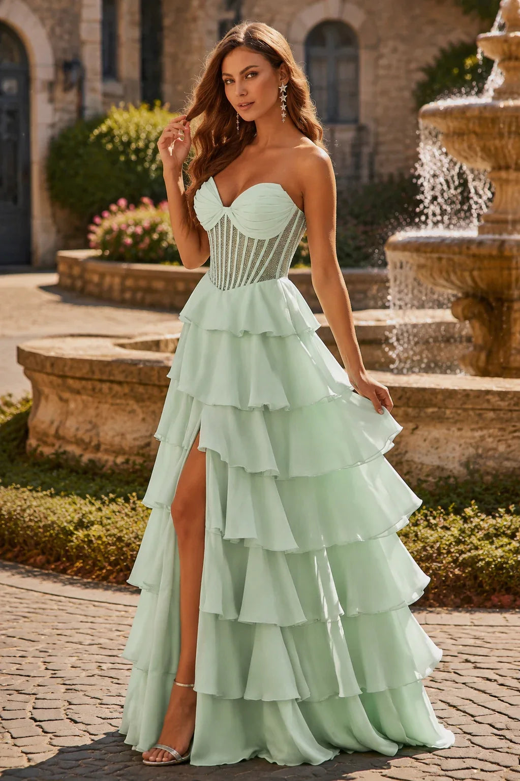 Isanette Mint Corset Tiered Ruffle Gown Prom Dress
