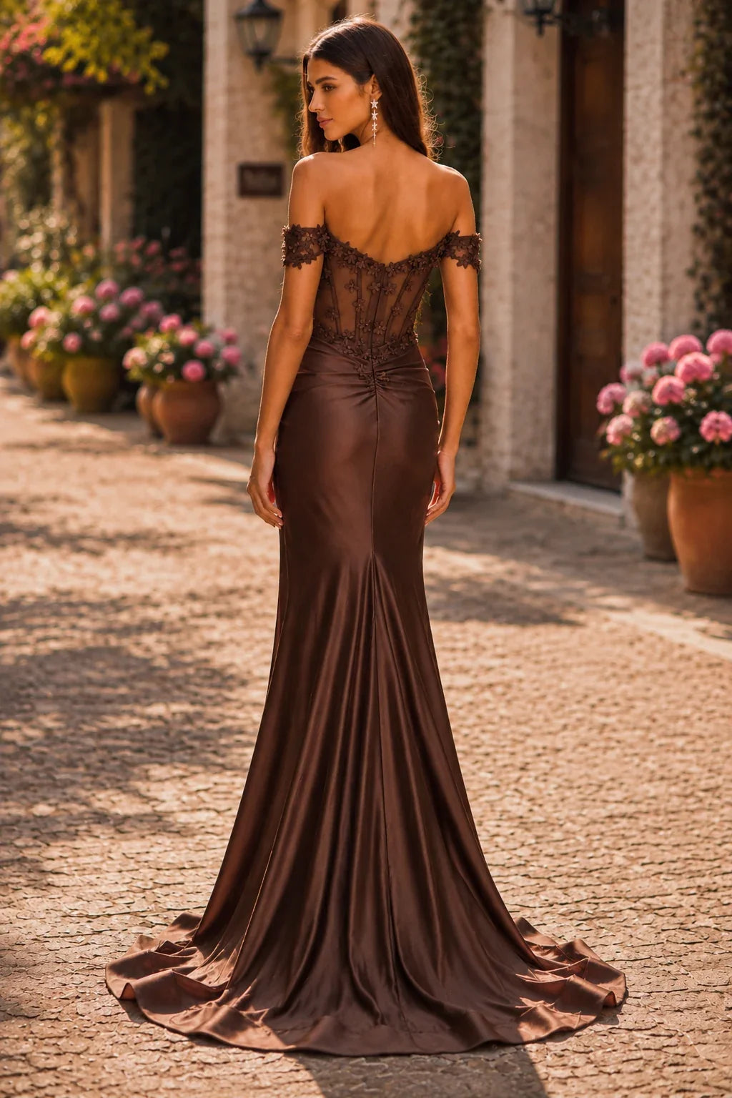 Hellora Off-the-Shoulder Corset Gown with Slit Prom Dress