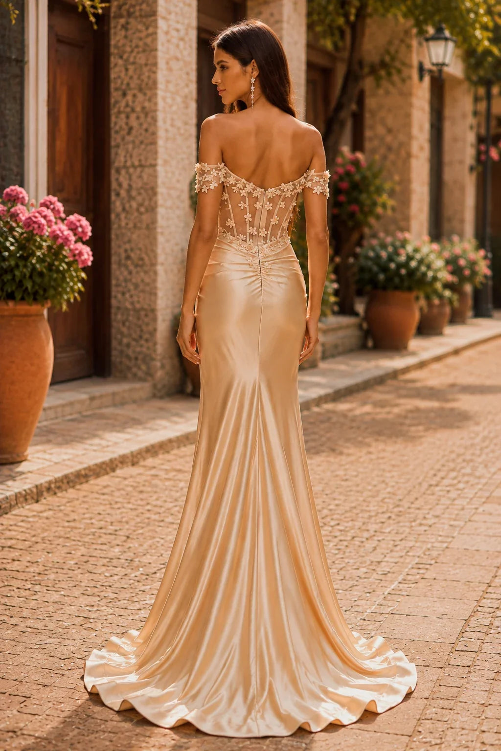 Hellora Off-the-Shoulder Corset Gown with Slit Prom Dress