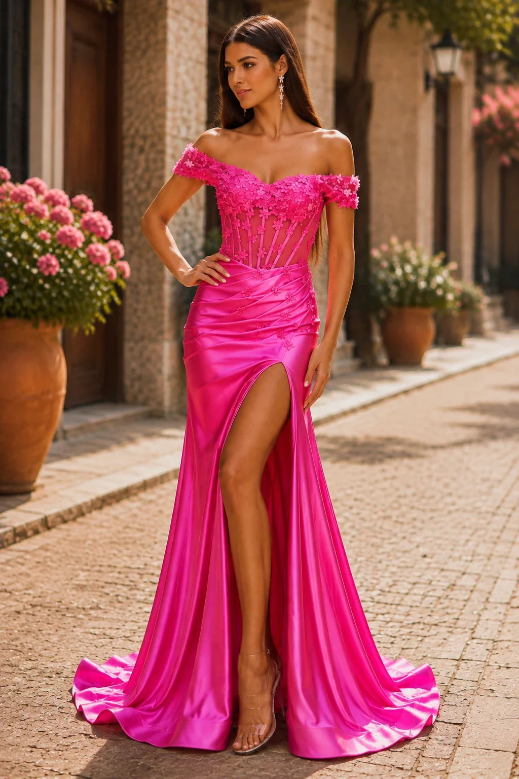 Hellora Off-the-Shoulder Corset Gown with Slit Prom Dress