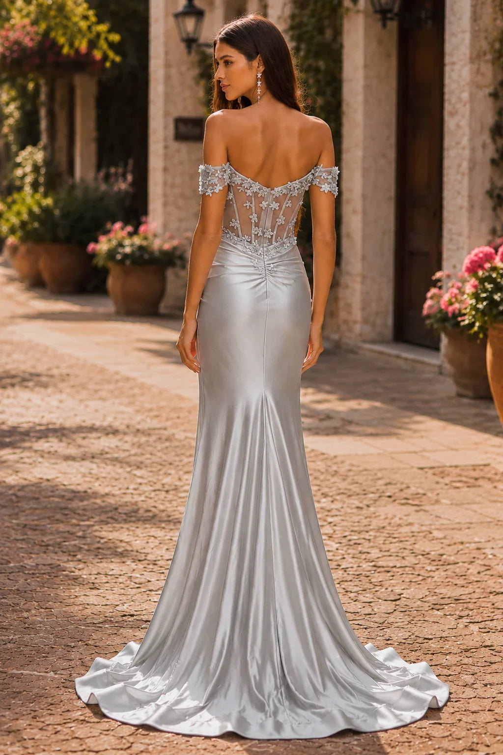 Hellora Off-the-Shoulder Corset Gown with Slit Prom Dress