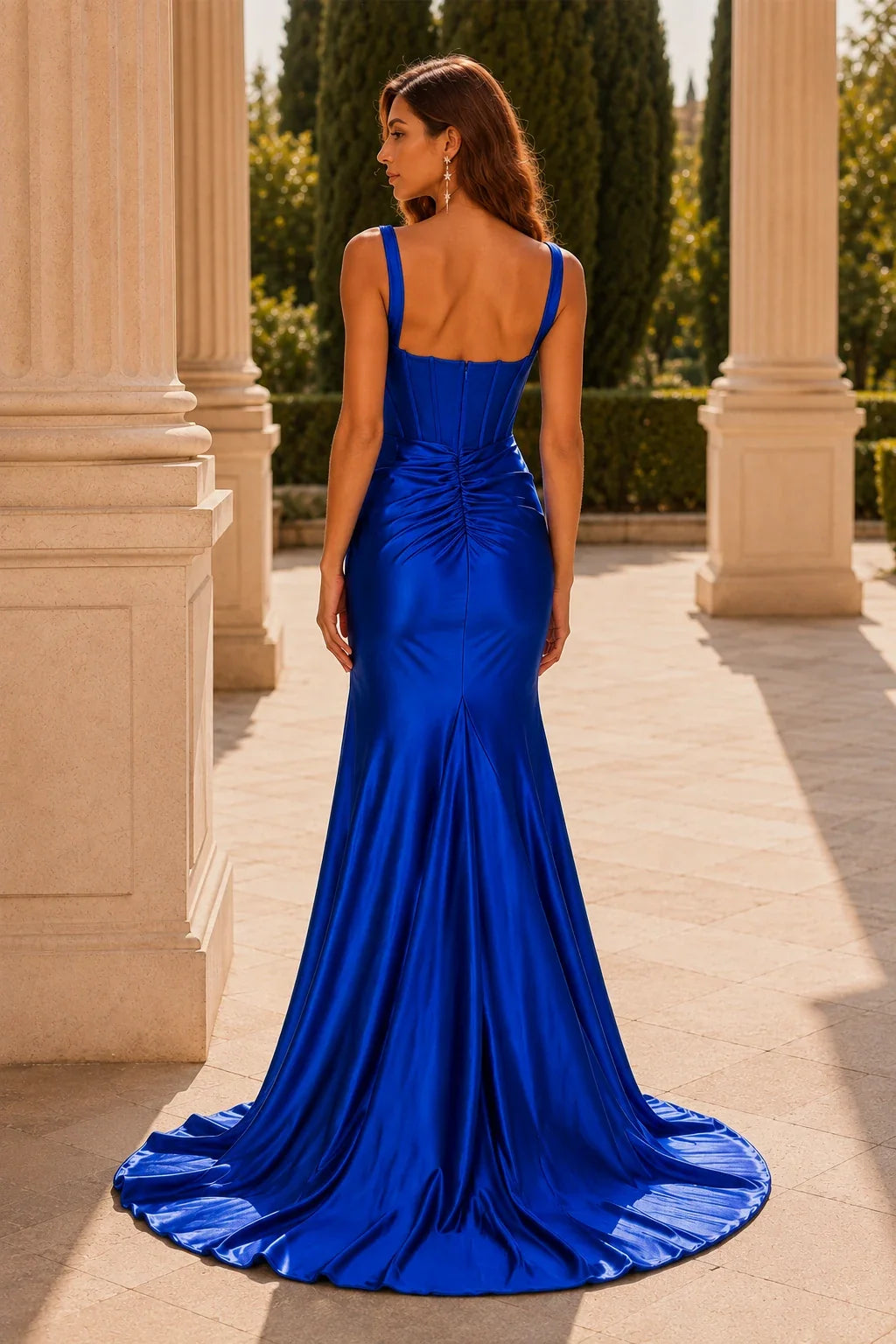 Helvella Teal Spaghetti-Strap Ruched Gown with Slit Prom Dress