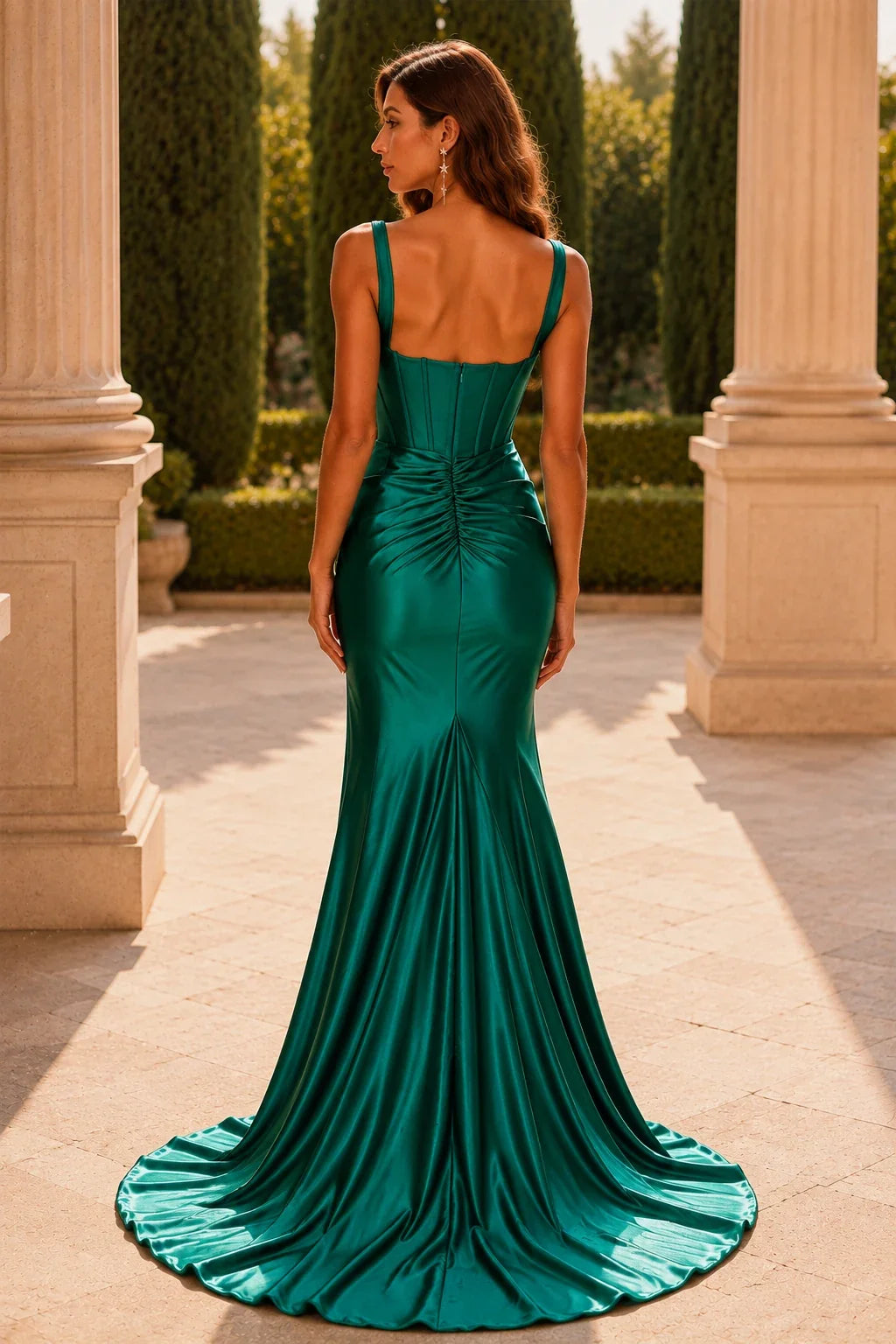 Helvella Teal Spaghetti-Strap Ruched Gown with Slit Prom Dress