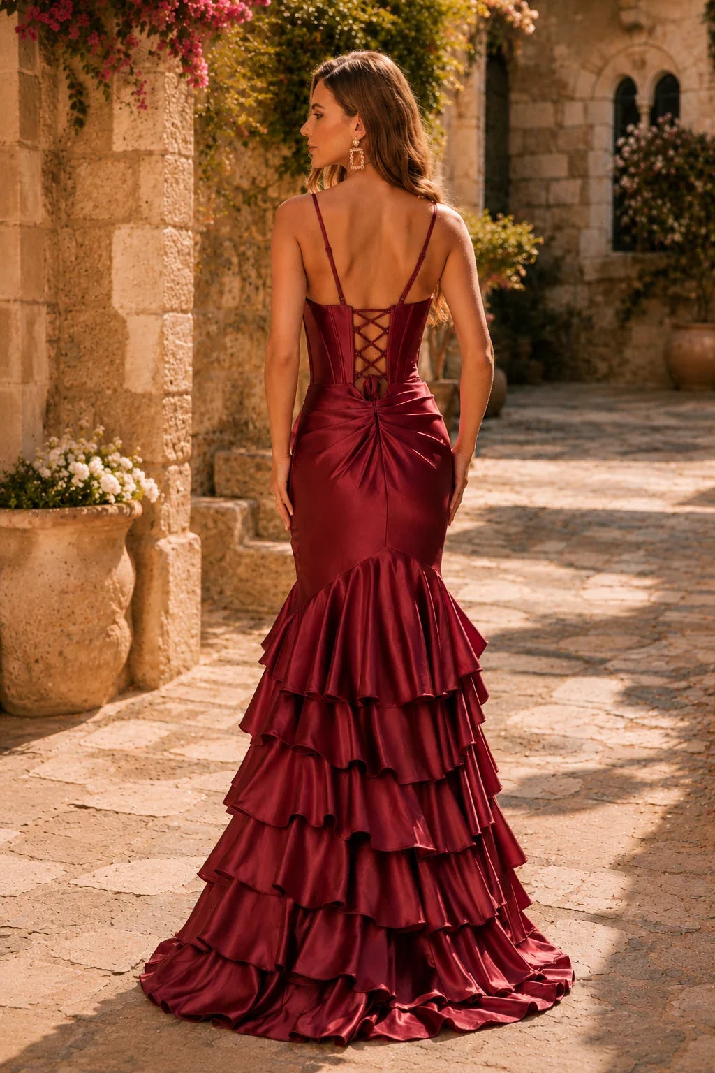 Helnette Blush Spaghetti-Strap Corset Tiered Ruffle Gown Prom Dress