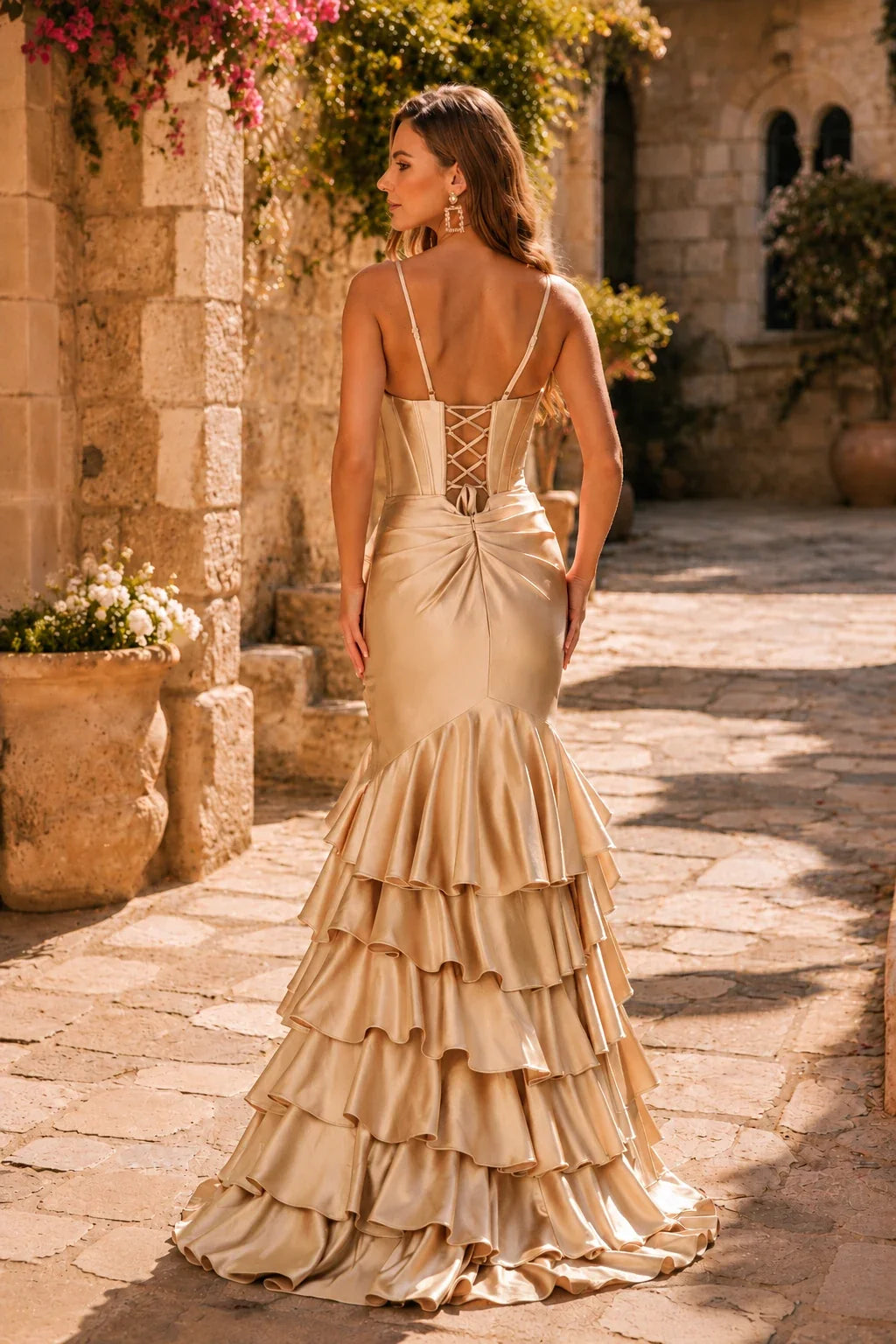 Helnette Blush Spaghetti-Strap Corset Tiered Ruffle Gown Prom Dress