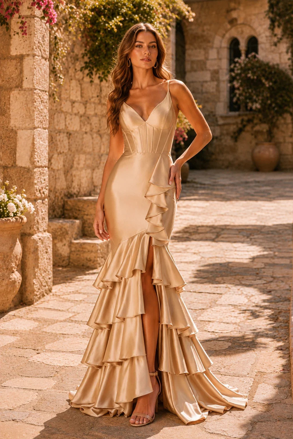 Helnette Blush Spaghetti-Strap Corset Tiered Ruffle Gown Prom Dress