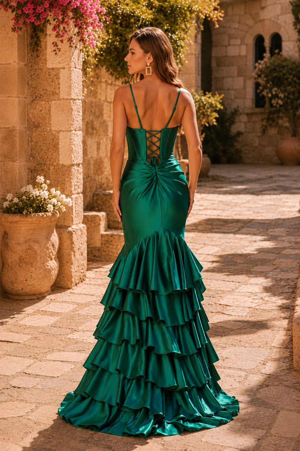 Helnette Blush Spaghetti-Strap Corset Tiered Ruffle Gown Prom Dress