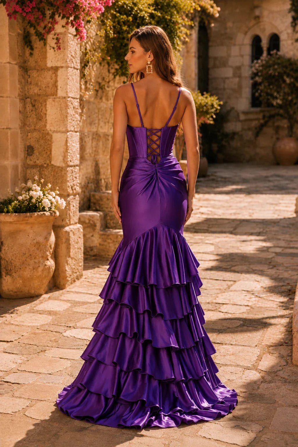 Helnette Blush Spaghetti-Strap Corset Tiered Ruffle Gown Prom Dress