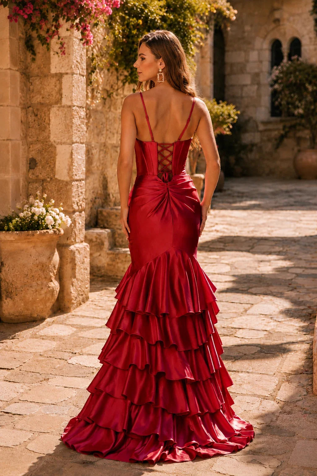 Helnette Blush Spaghetti-Strap Corset Tiered Ruffle Gown Prom Dress