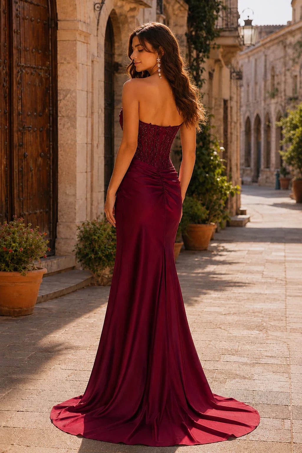 Helria Icy Strapless Structured-Bodice Gown with Slit Prom Dress