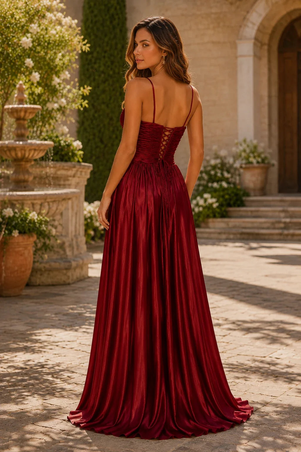 Helmira Spaghetti-Strap Pleated A-Line Gown Prom Dress