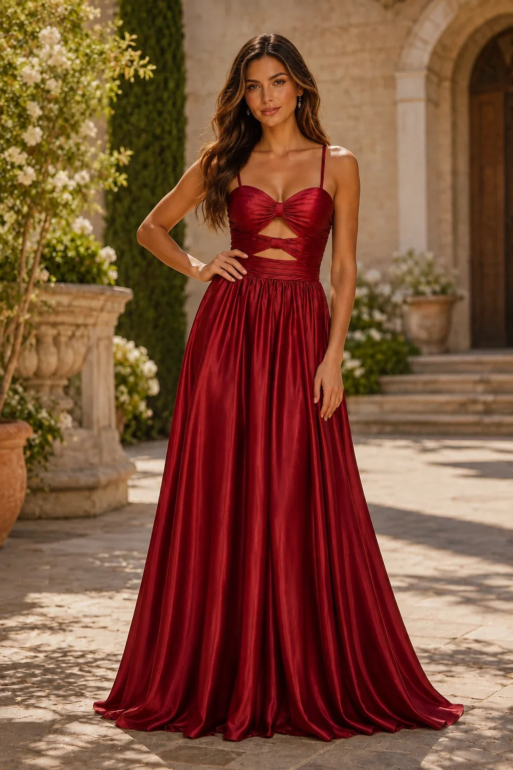 Helmira Spaghetti-Strap Pleated A-Line Gown Prom Dress