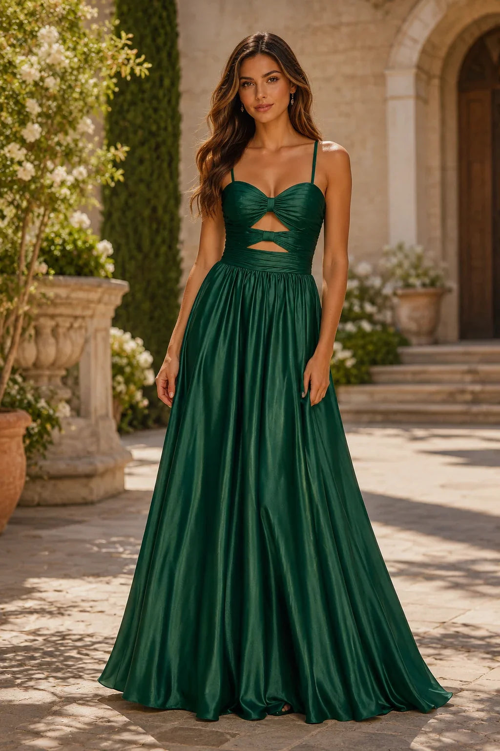 Helmira Spaghetti-Strap Pleated A-Line Gown Prom Dress