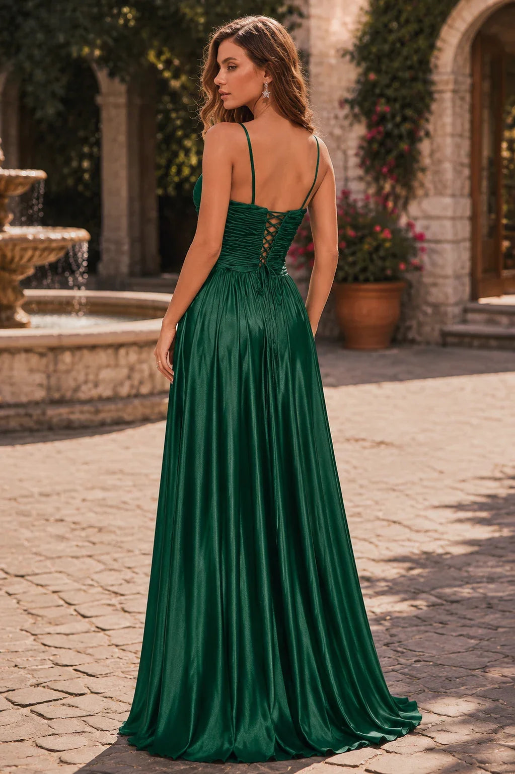 Helmira Spaghetti-Strap Pleated A-Line Gown Prom Dress