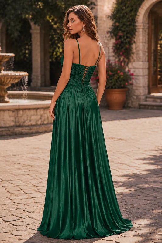 Helmira Spaghetti-Strap Pleated A-Line Gown Prom Dress