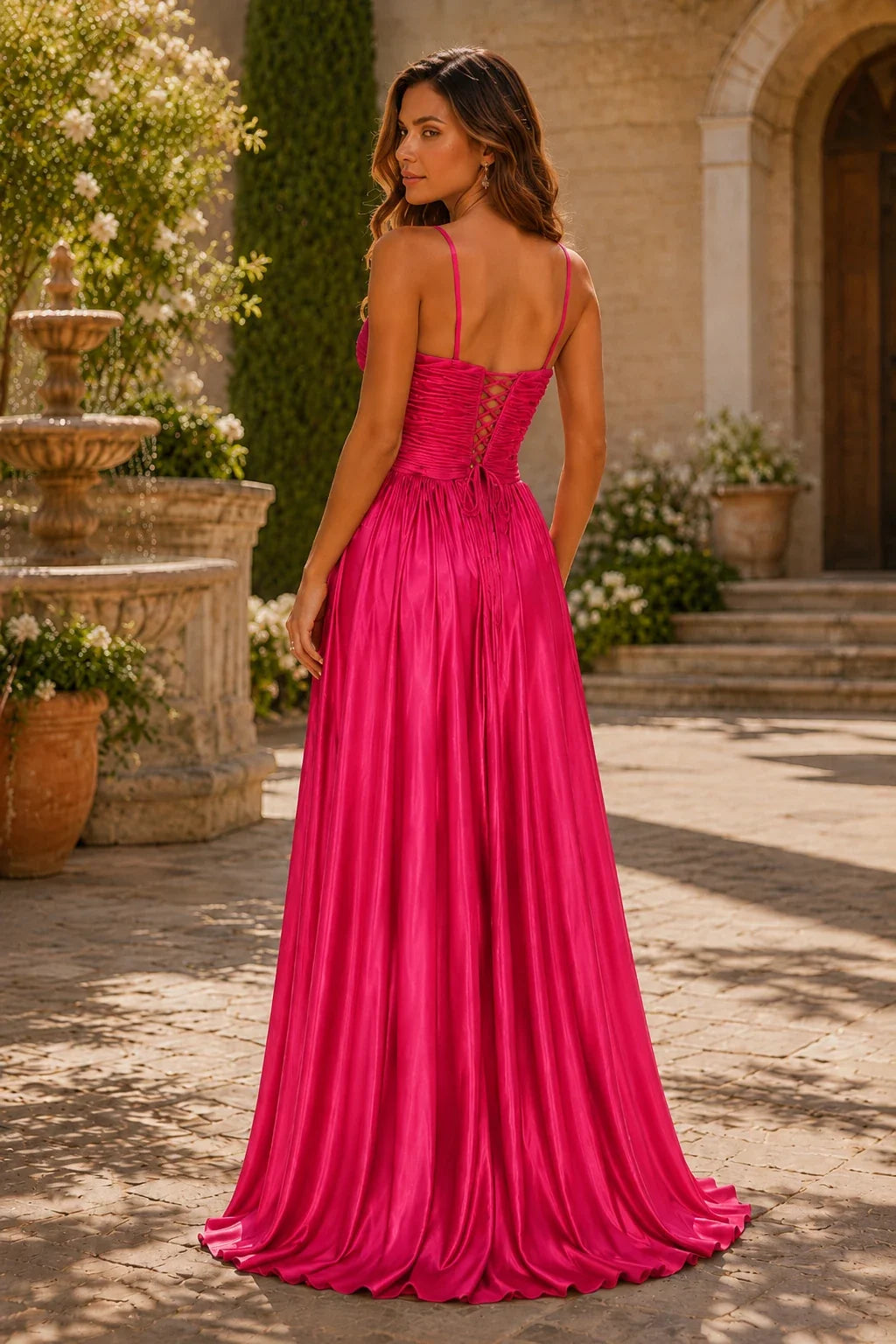 Helmira Spaghetti-Strap Pleated A-Line Gown Prom Dress