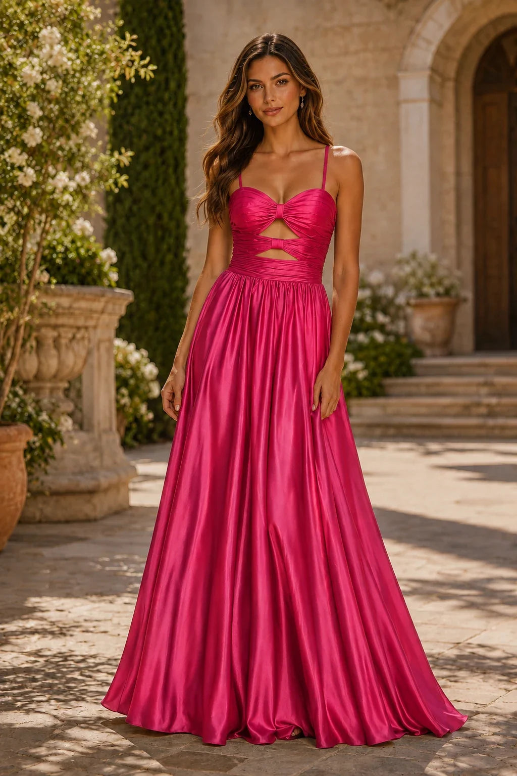 Helmira Spaghetti-Strap Pleated A-Line Gown Prom Dress