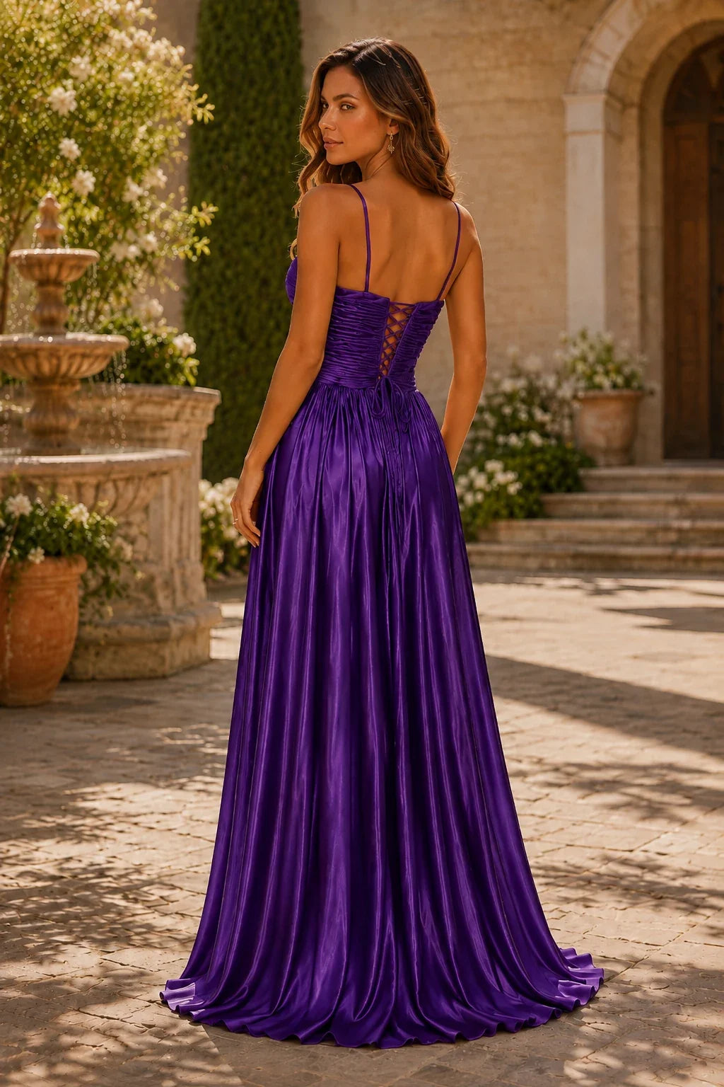Helmira Spaghetti-Strap Pleated A-Line Gown Prom Dress