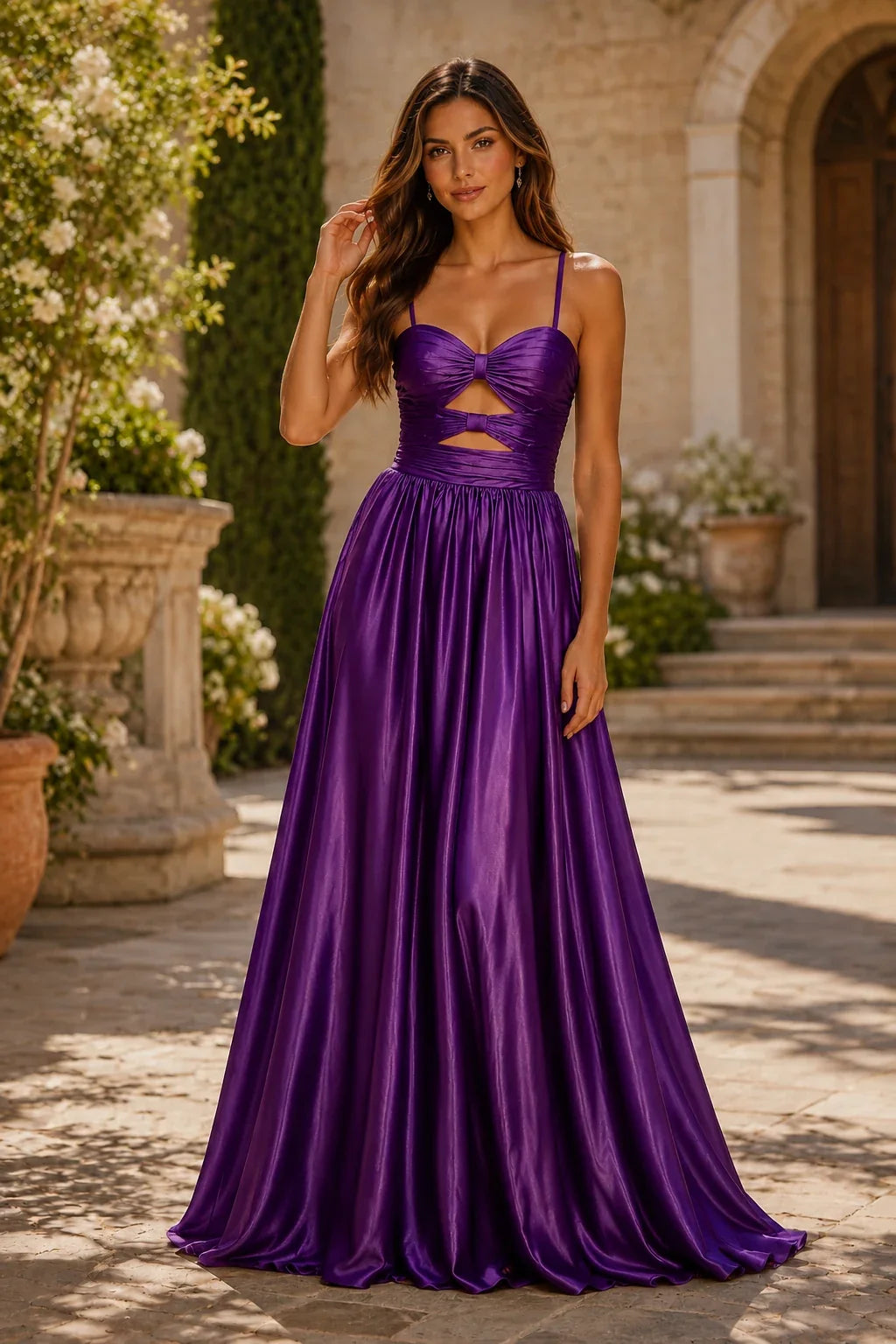 Helmira Spaghetti-Strap Pleated A-Line Gown Prom Dress