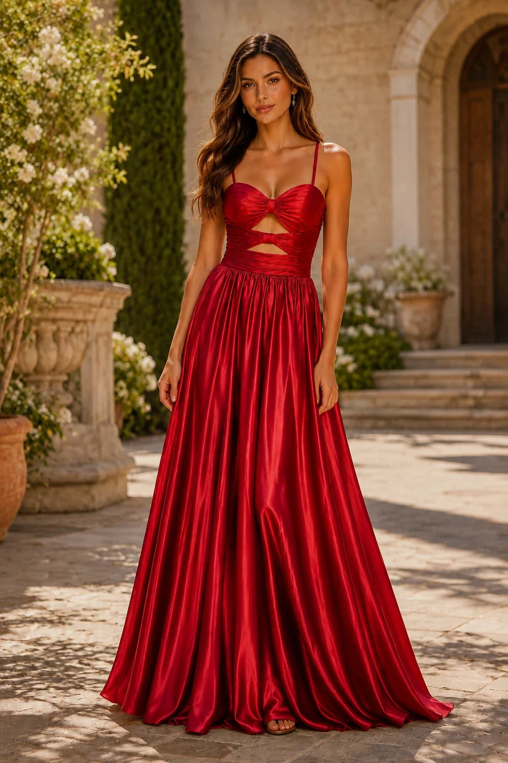 Helmira Spaghetti-Strap Pleated A-Line Gown Prom Dress